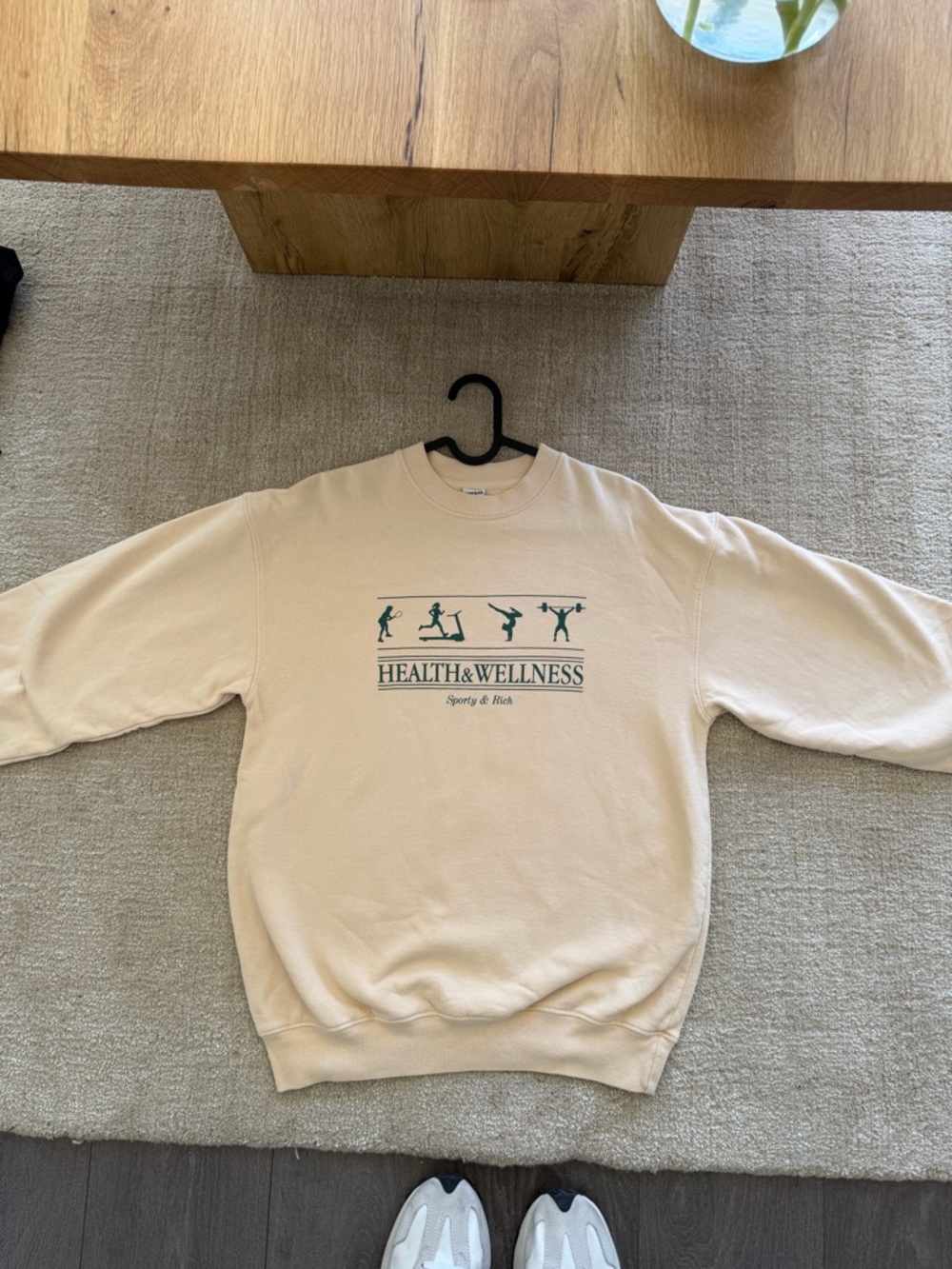 Sporty & Rich Cream Crewneck with Green Health & Wellness Graphic